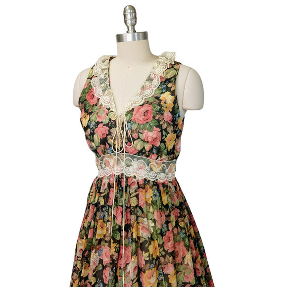 Gunne Sax Black Floral Corset Maxi Dress Size 13 Vintage 70s Prairie Roses Lace - Picture 3 of 15
